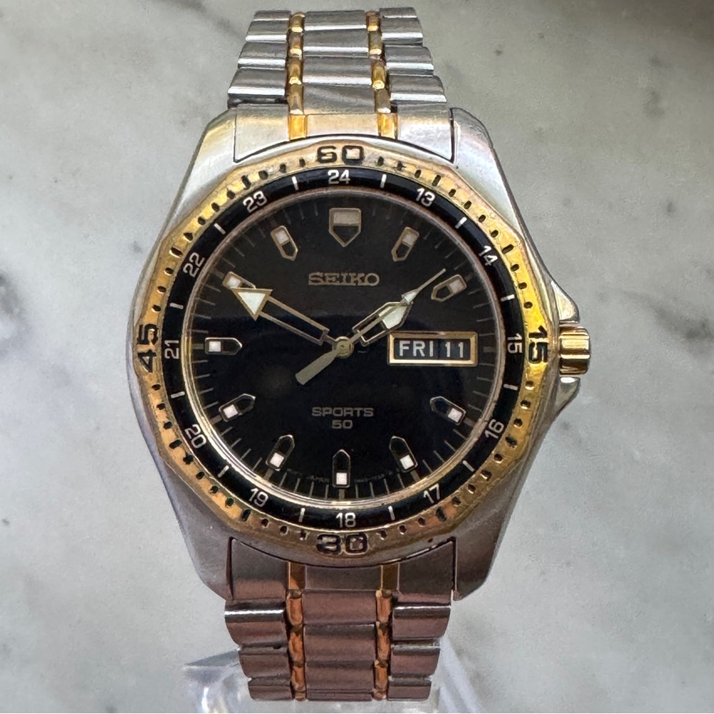 Seiko Sports 50 Day/Date Watch w/ Box, Goldtone Trim and New Battery